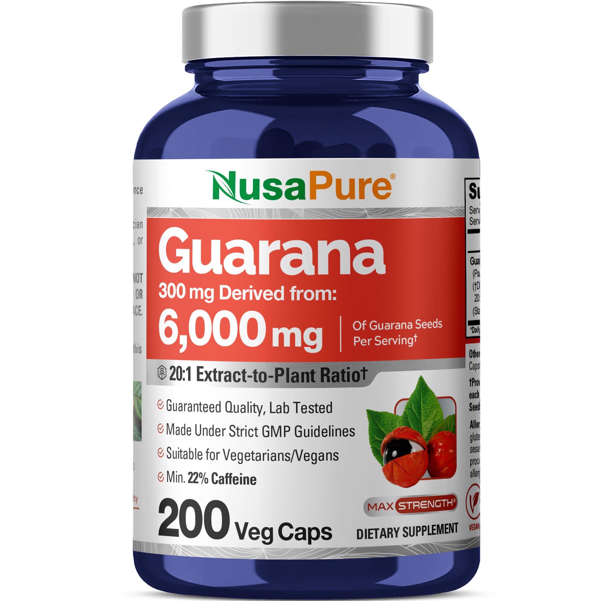 NusaPure Guarana extract bottle highlighting high potency energy support in vegan capsules