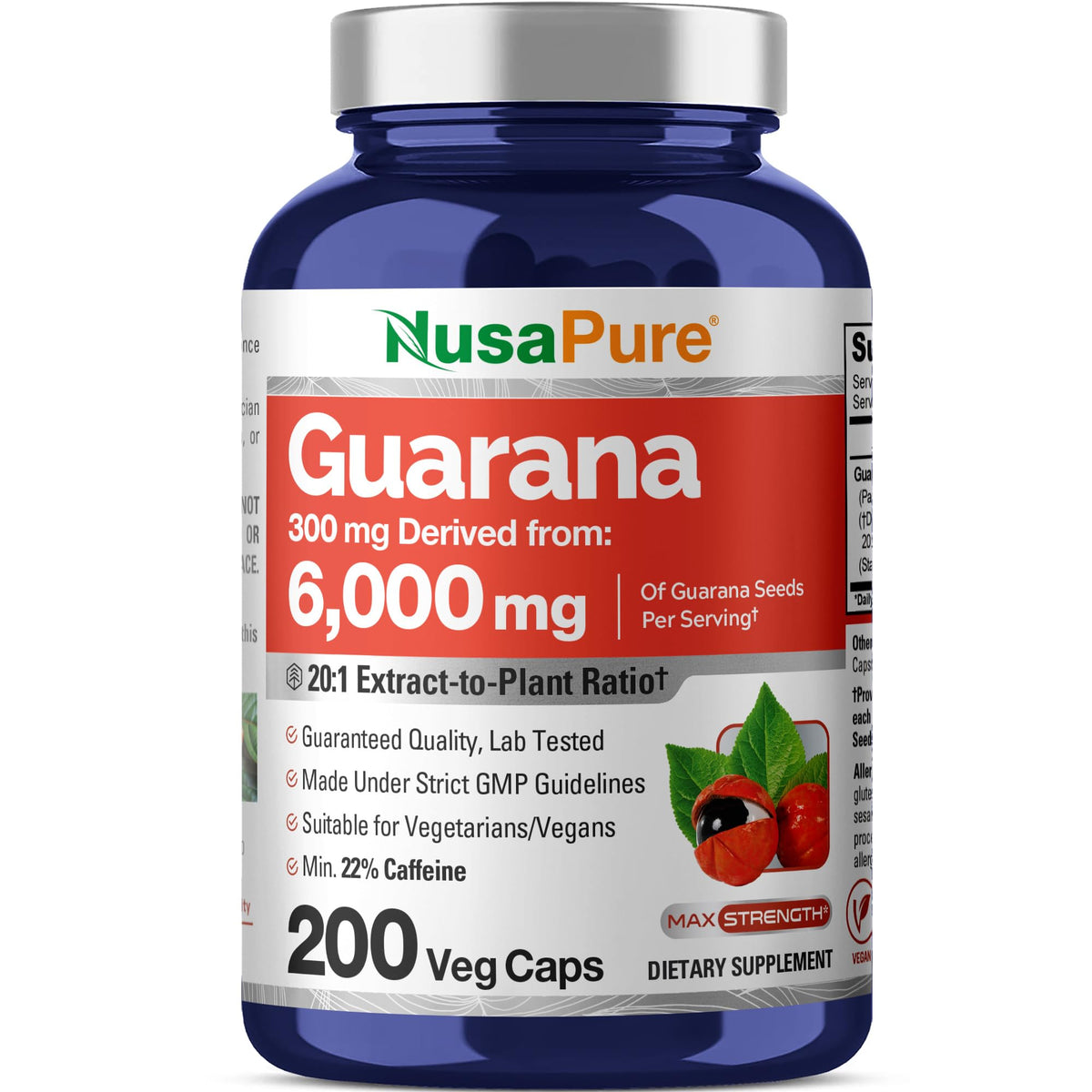 NusaPure Guarana extract bottle highlighting high potency energy support in vegan capsules