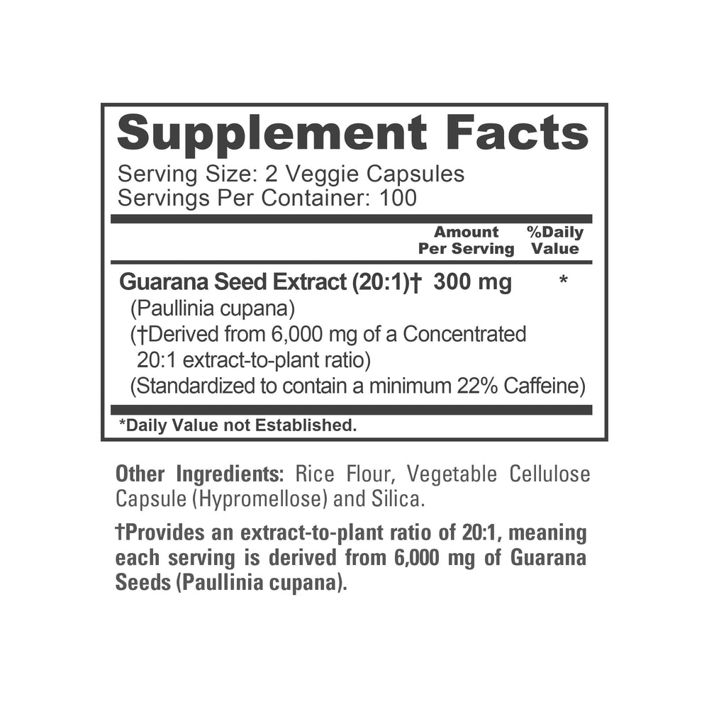 NusaPure Guarana packaging hero showing 200 count vegan capsules and US made claim