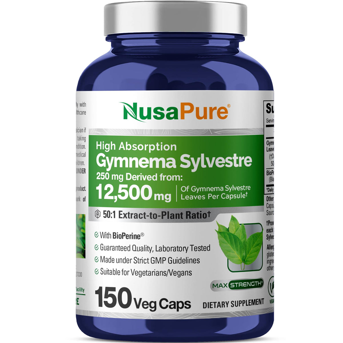 NusaPure Gymnema Sylvestre 50:1 extract label showing 12,500 mg per capsule