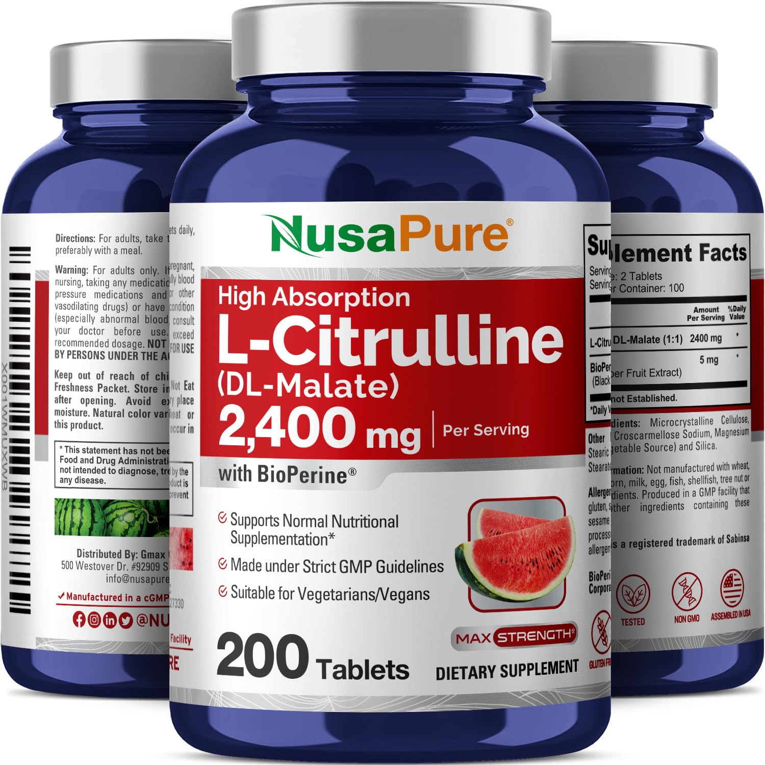 NusaPure L-Citrulline badge emphasizes Non-GMO and gluten-free quality.