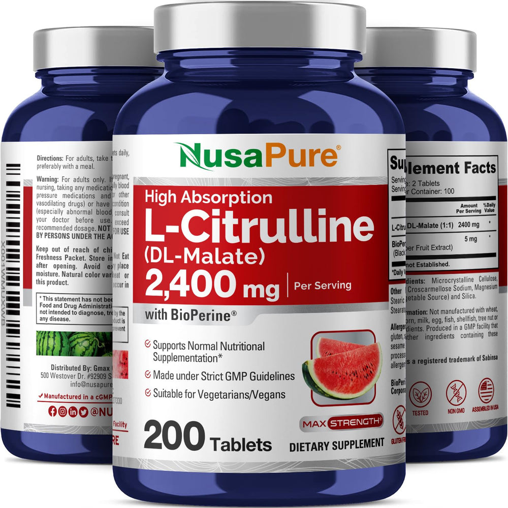 NusaPure L-Citrulline badge emphasizes Non-GMO and gluten-free quality.