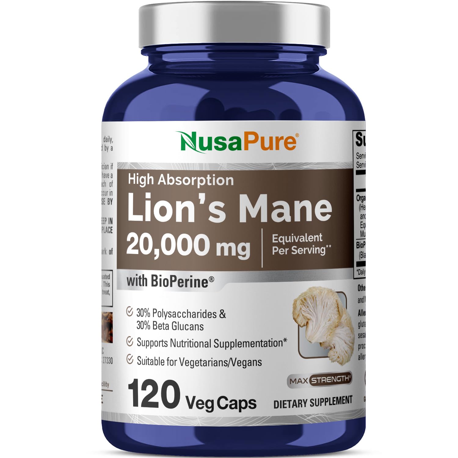 NusaPure Lions Mane 20:1 extract bottle with 20000 mg equivalent
