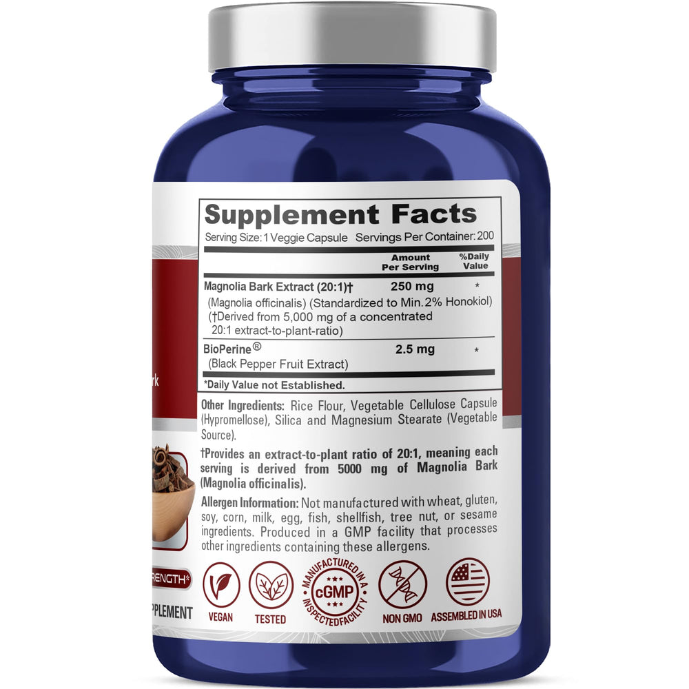 Magnolia Bark 5,000 mg equivalent per capsule with Bioperine label
