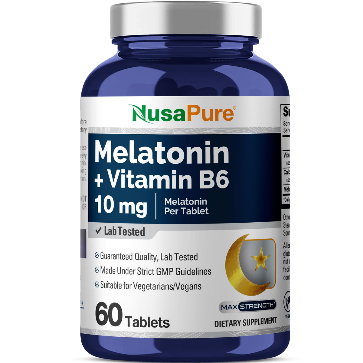 Bottle of NusaPure Melatonin + Vitamin B6 60 tablets