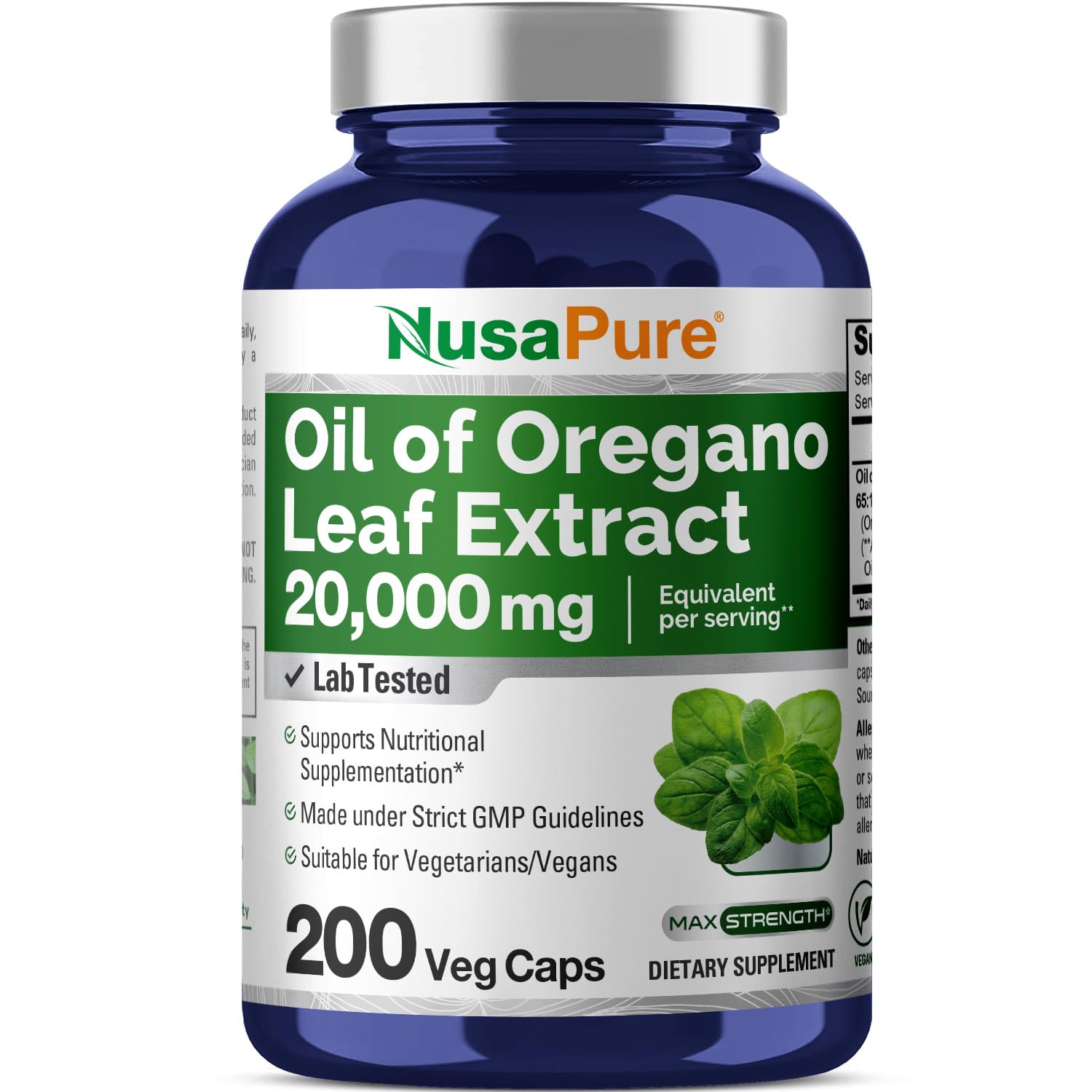 NusaPure Oregano Oil Extract bottle with 20,000mg per serving