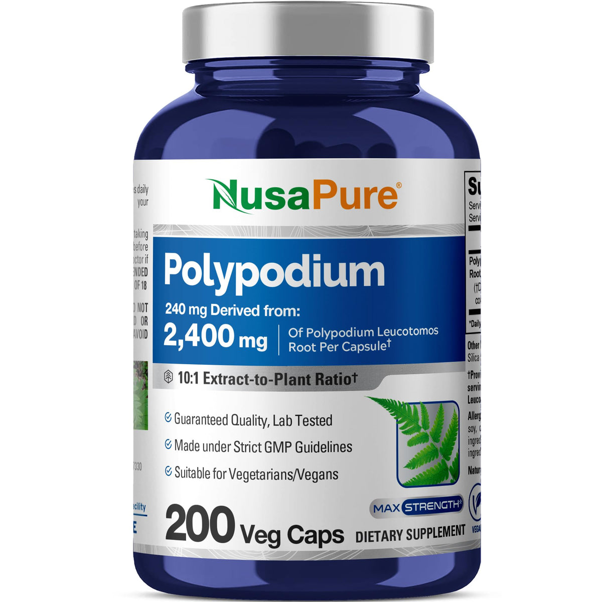 Front view of NusaPure Polypodium Leucotomos bottle with 10:1 extract label