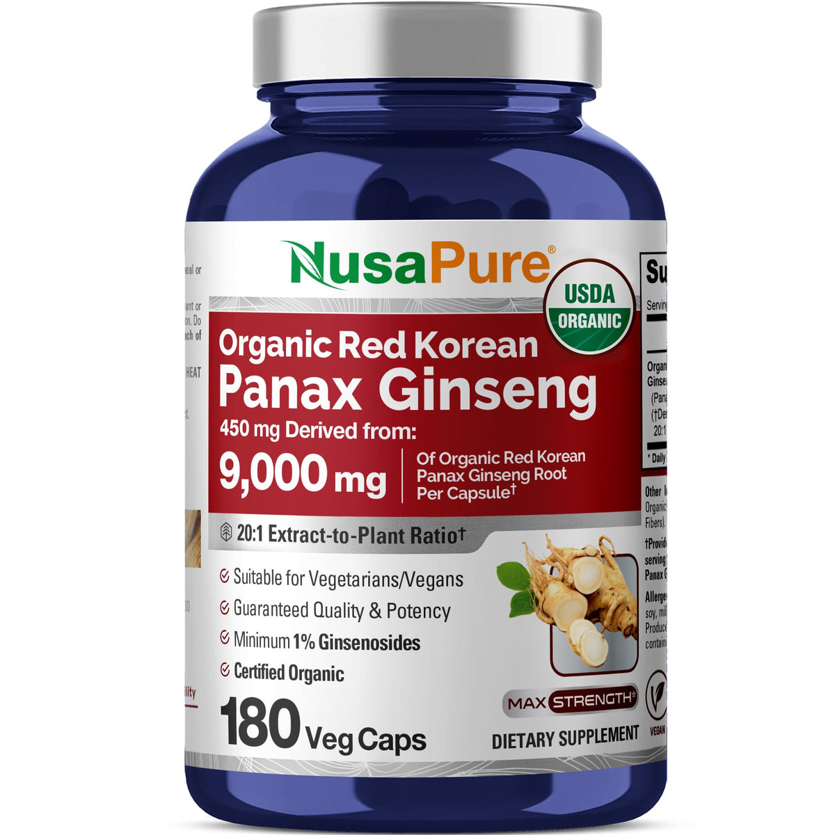 Bottle of NusaPure Red Korean Panax Ginseng 20:1 extract with 180 capsules
