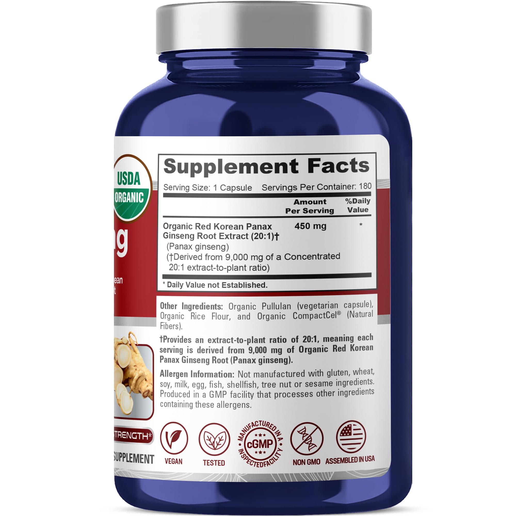 Close-up of Panax Ginseng capsules indicating 9,000 mg equivalent