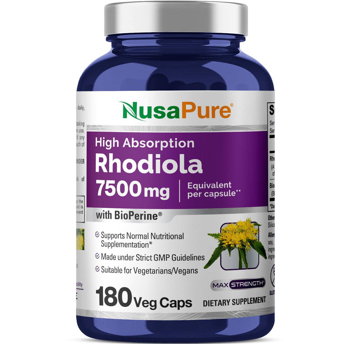 NusaPure Rhodiola Rosea 7500mg bottle closeup for mood support and focus.