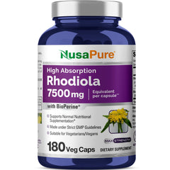 NusaPure Rhodiola Rosea 7500mg bottle closeup for mood support and focus.