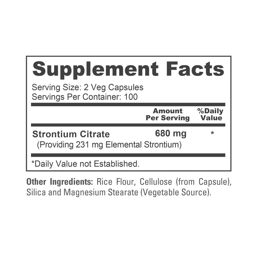 Product label for NusaPure Strontium 680 mg 200 Vegetarian Caps