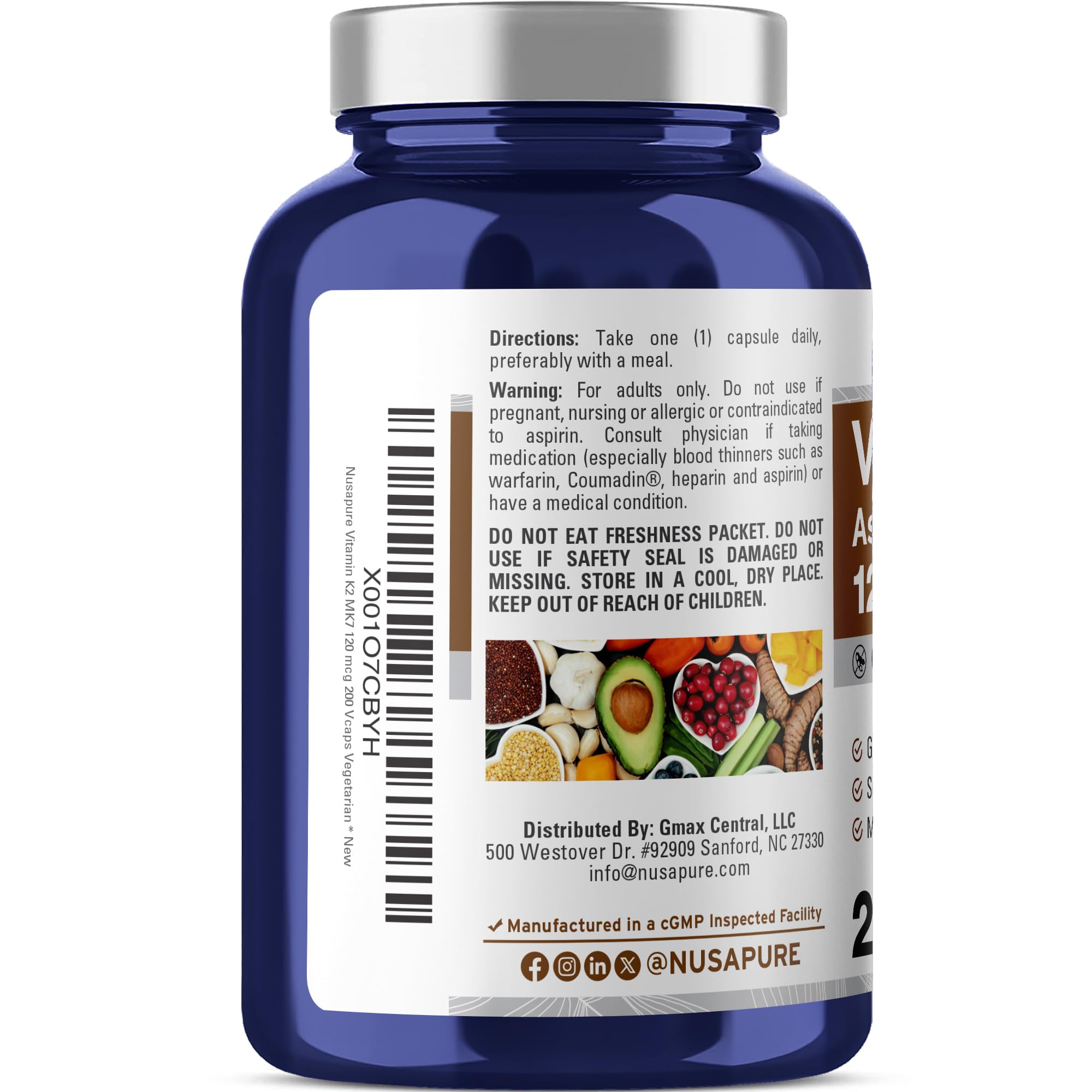 NusaPure Vitamin K2 MK-7 120 mcg 200 veggie caps bottle and label
