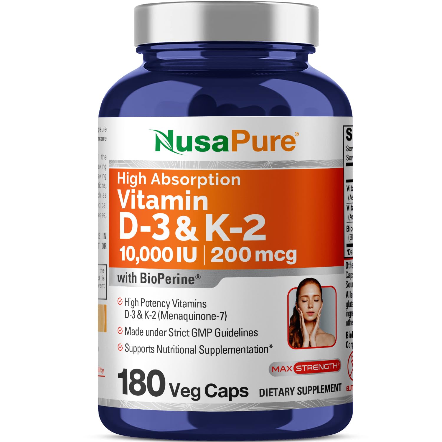 NusaPure Vitamin K2 MK7 200mcg + Vitamin D3 10000 IU bottle front