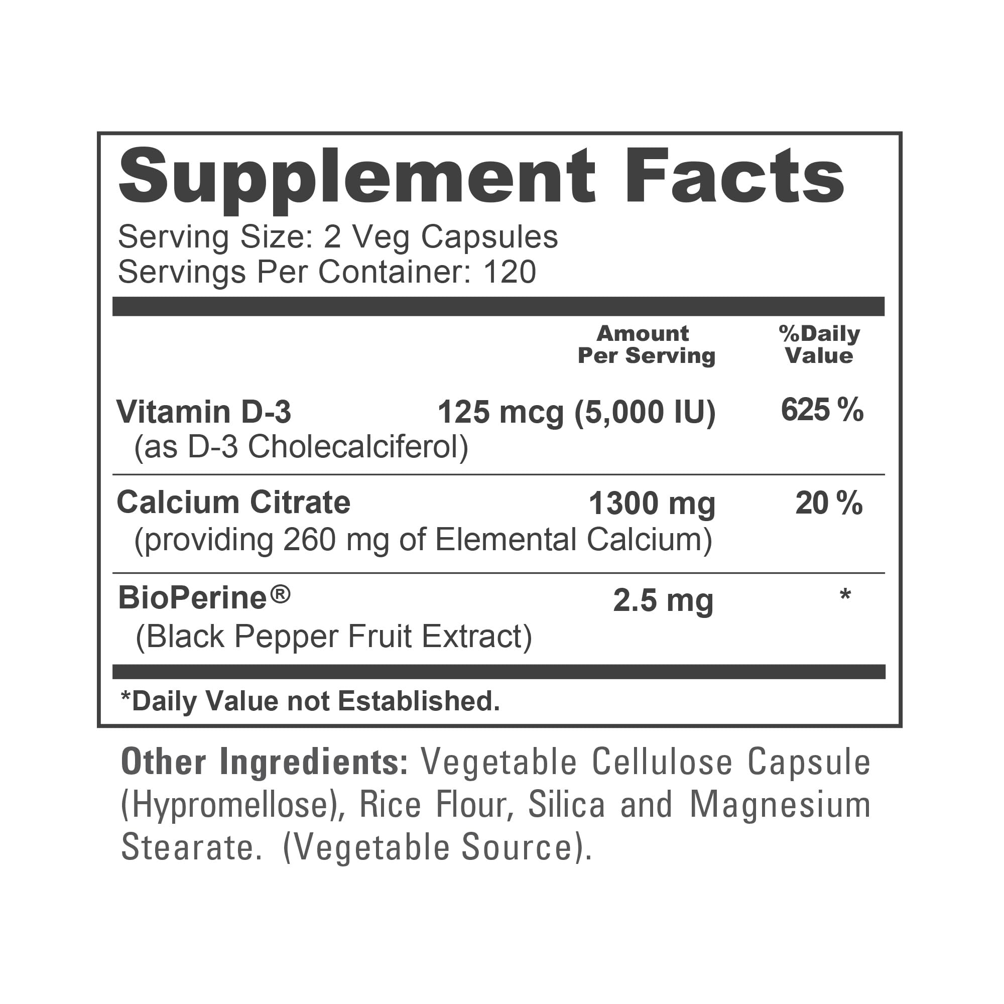 Serving detail: 1300 mg calcium citrate and 125 mcg Vitamin D3