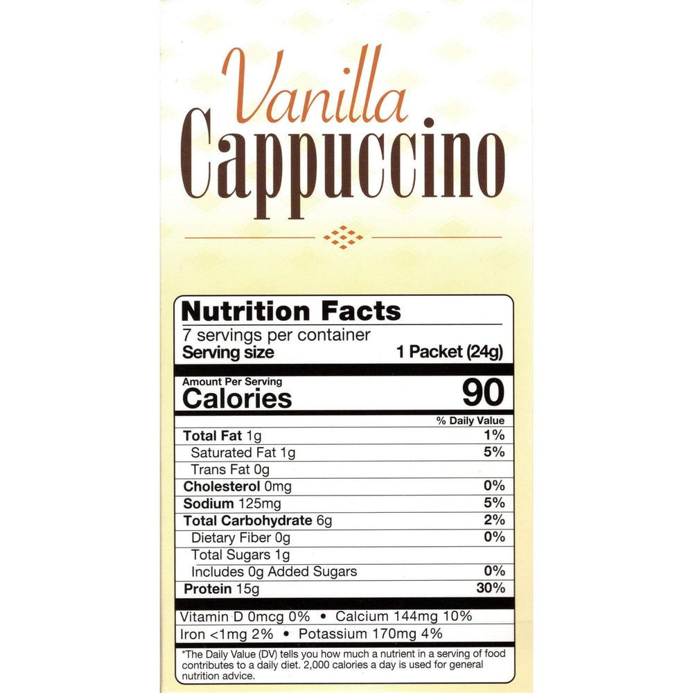 HealthyWise vanilla cappuccino mix dissolves easily in hot water for quick nourishment.