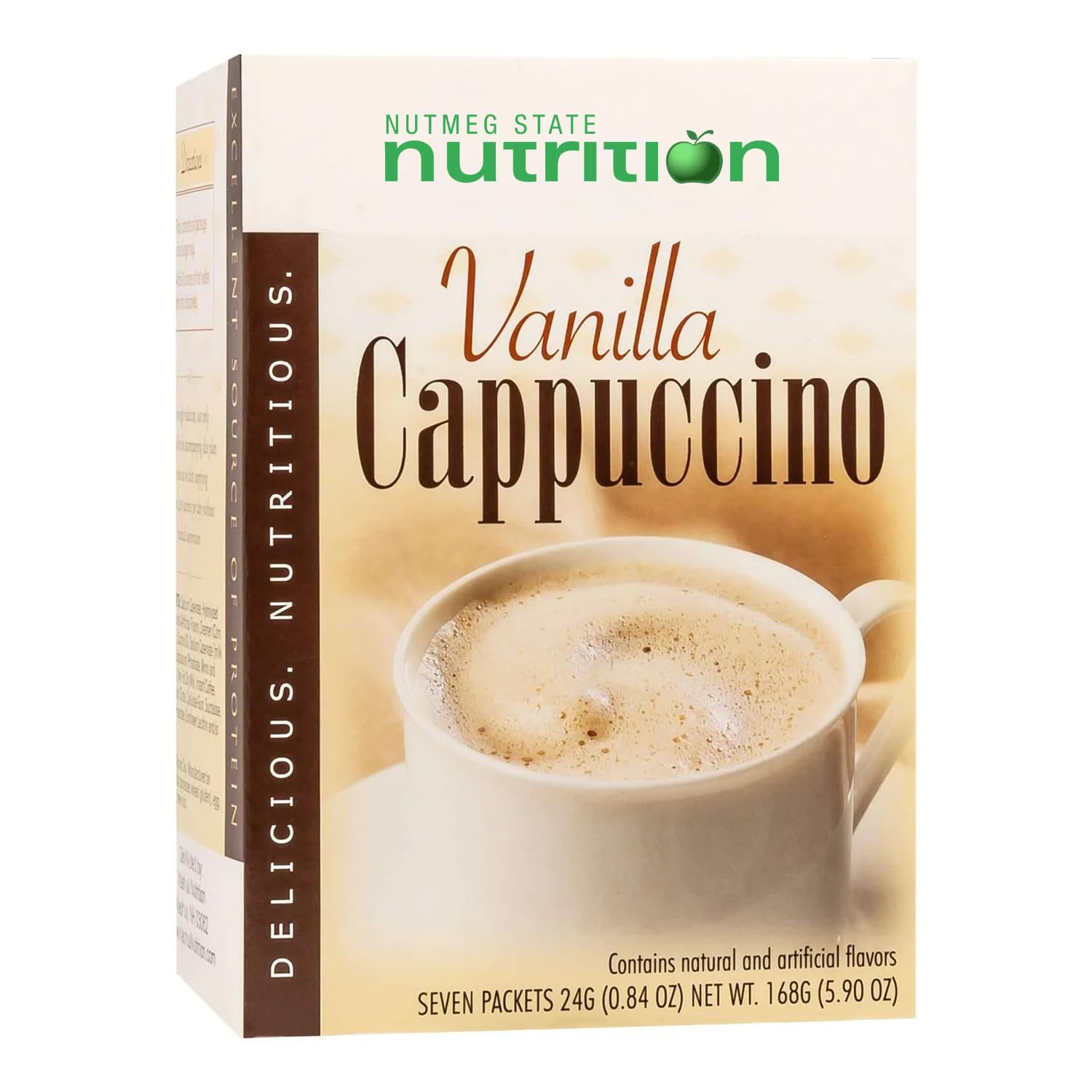 HealthyWise vanilla cappuccino tub showing 15g protein for a filling breakfast.