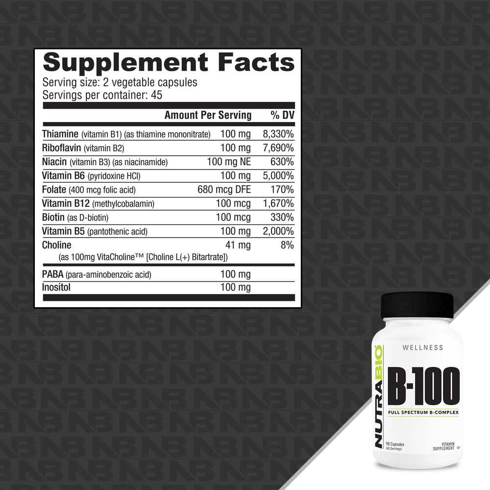 Close-up of NutraBio B-100 label showing B1 through B12