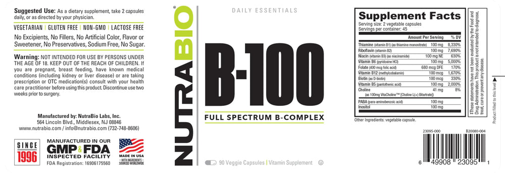 Third-party testing seal on NutraBio B-100 bottle