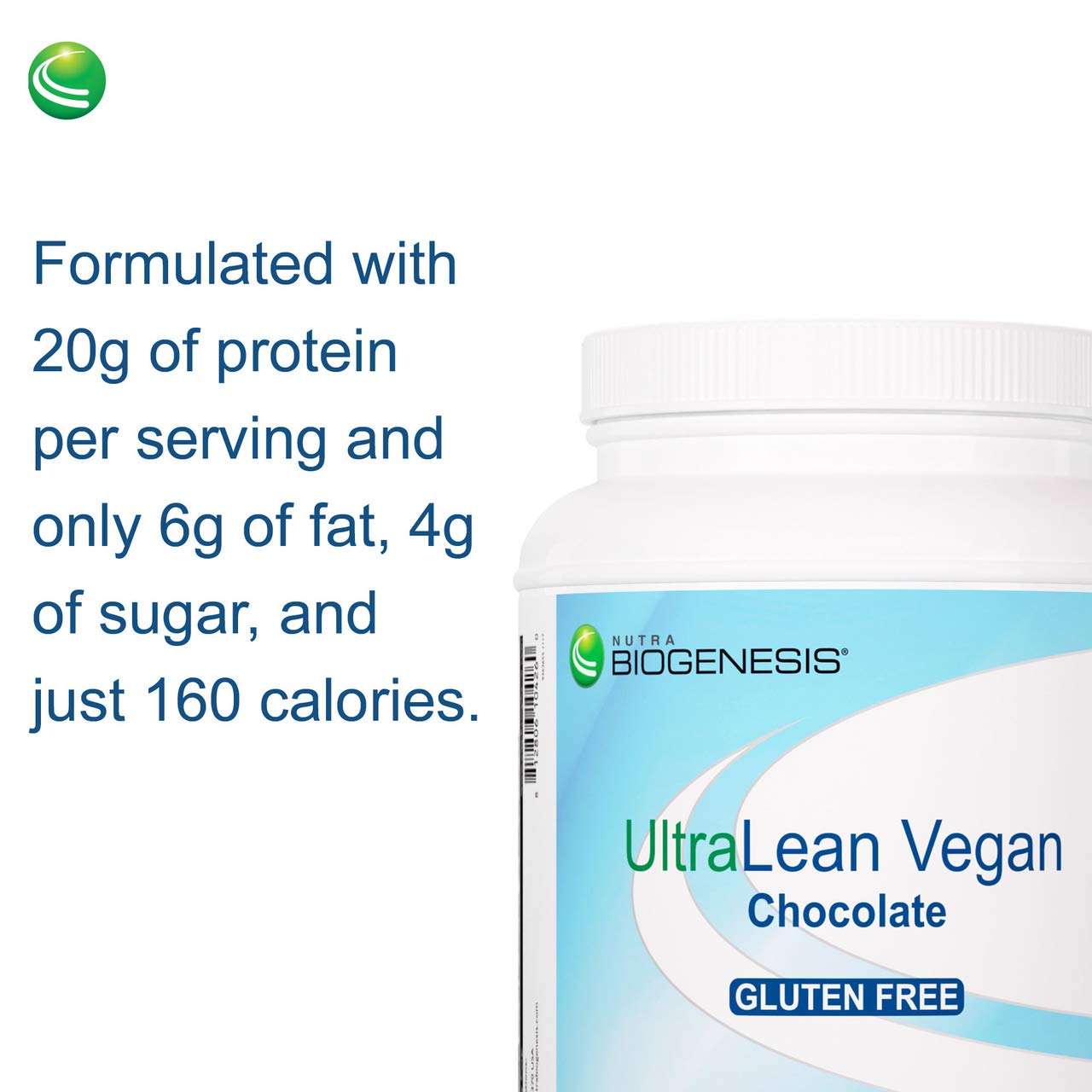 Nutra BioGenesis UltraLean jar label showcases vegan protein with vitamins and minerals.