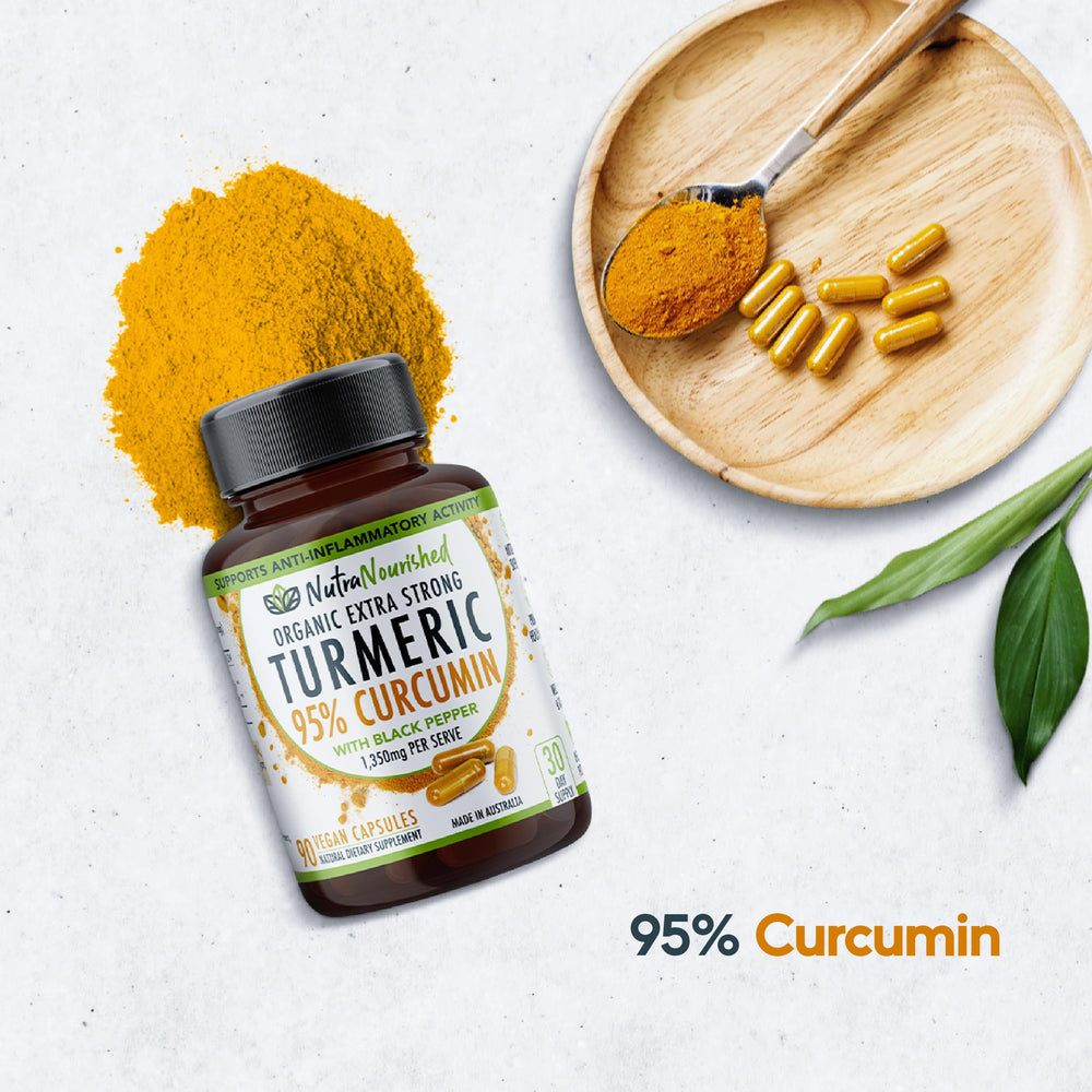 Front view of Nutra Nourished turmeric-curcumin packaging