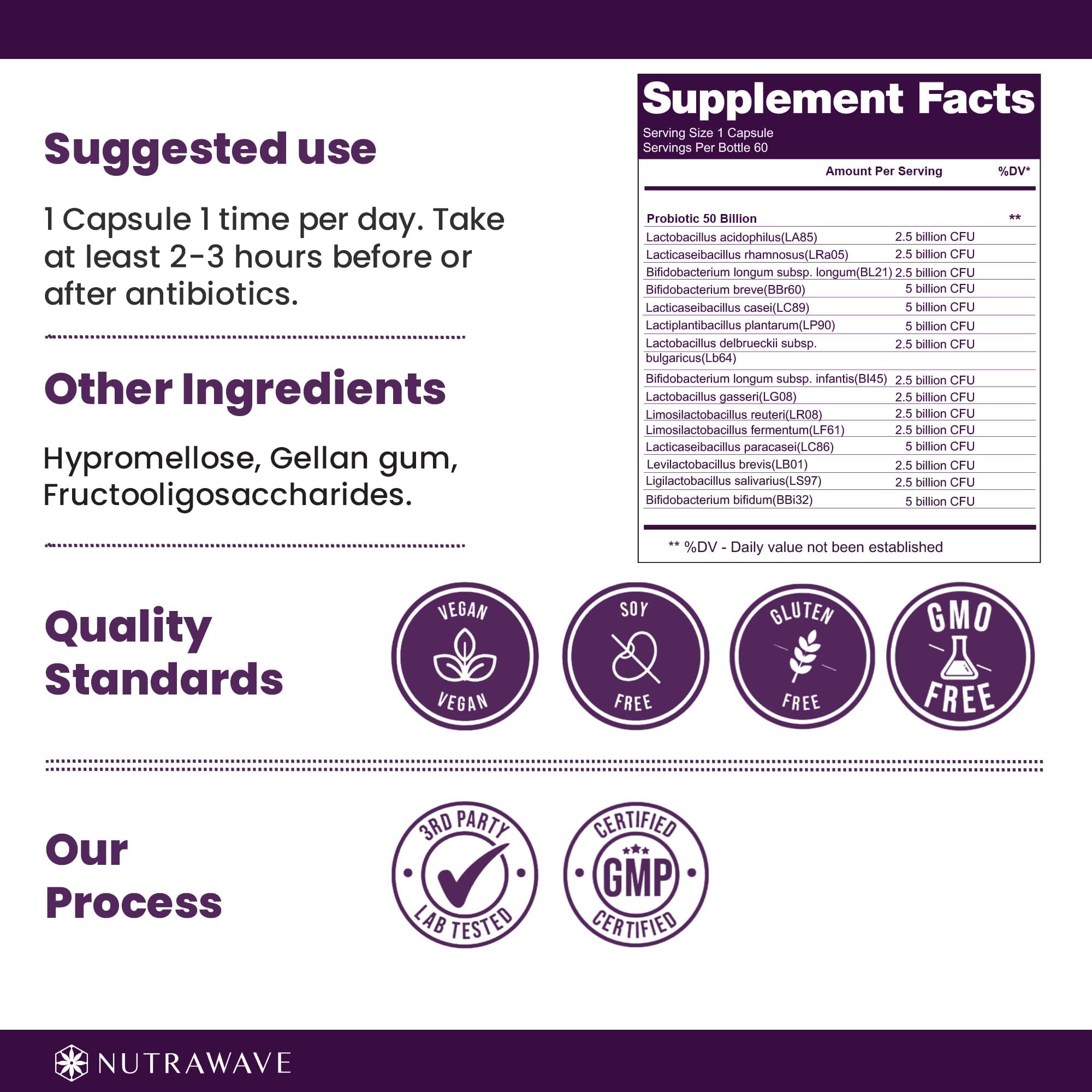 Label highlighting 15 probiotic strains and 50 billion CFU