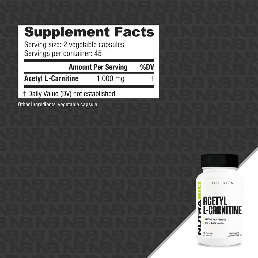 Close-up of NutraBio Acetyl L-Carnitine capsules