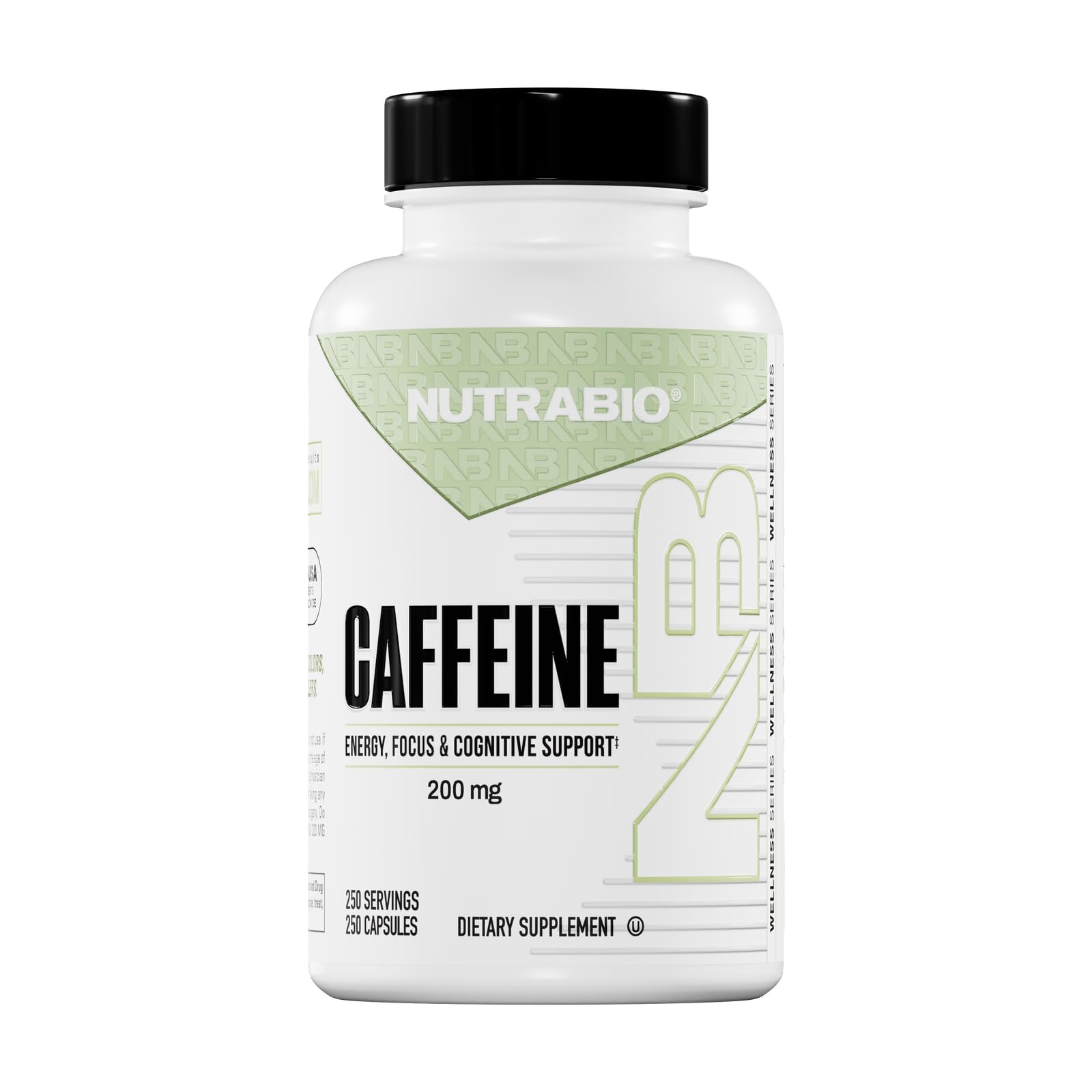 NutraBio caffeine capsules bottle front, offering clean energy for focused mornings.