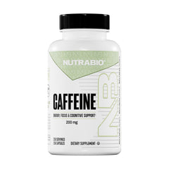 NutraBio caffeine capsules bottle front, offering clean energy for focused mornings.
