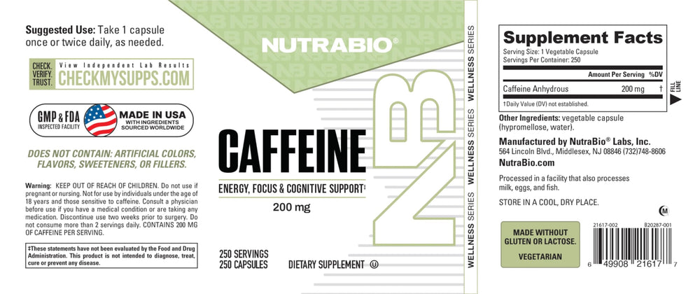 NutraBio caffeine capsules logo close-up, a reliable daily energy routine.