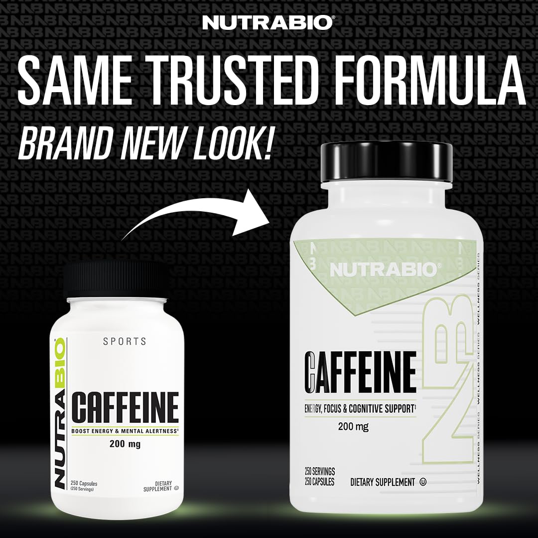 NutraBio caffeine capsules pouring out for a quick pre-workout energy moment.