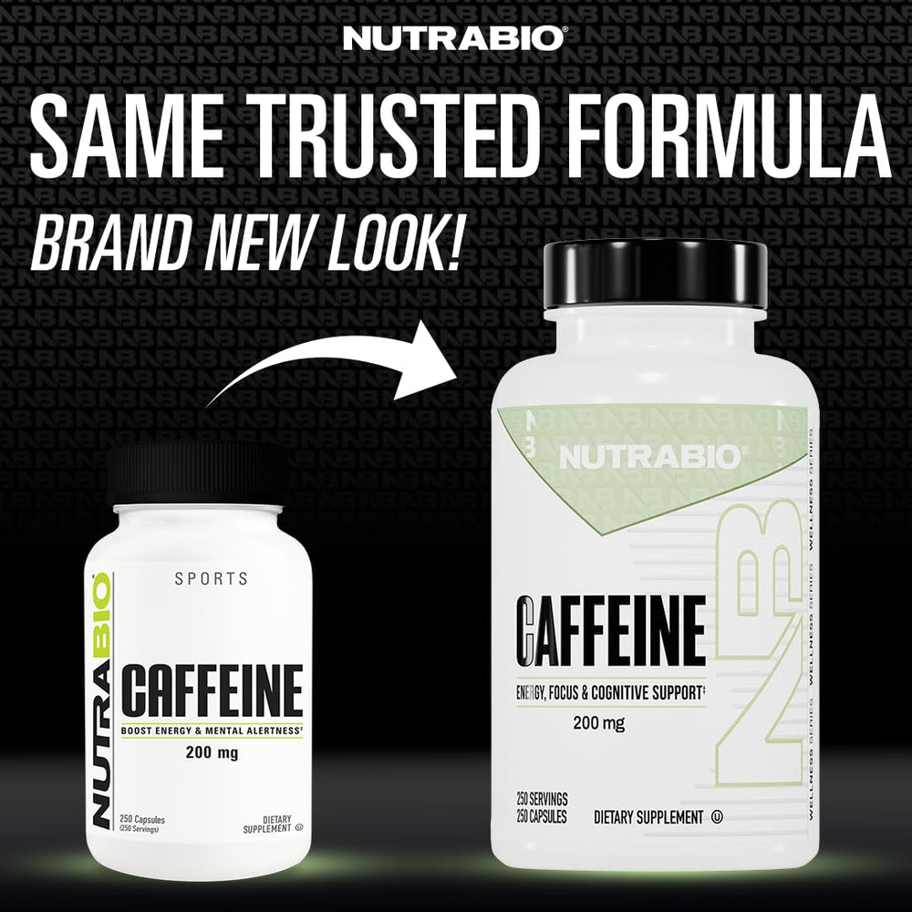 NutraBio caffeine capsules pouring out for a quick pre-workout energy moment.