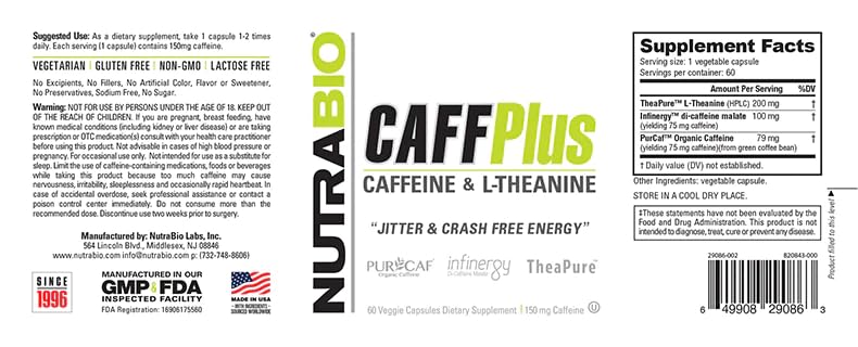 NutraBio CaffPlus label reveals transparent, third-party tested formulation.