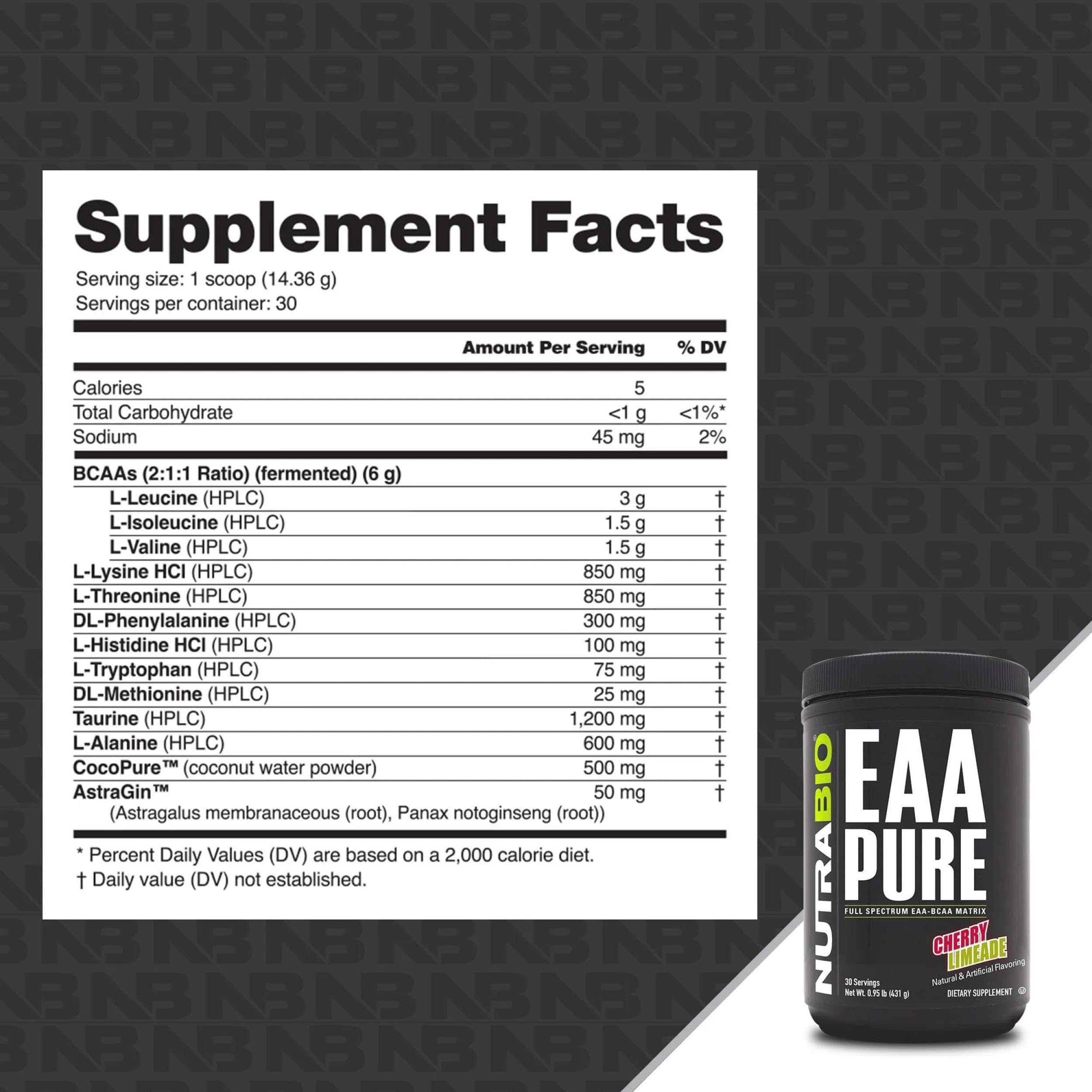 NutraBio EAA Pure packaging showing 30 servings