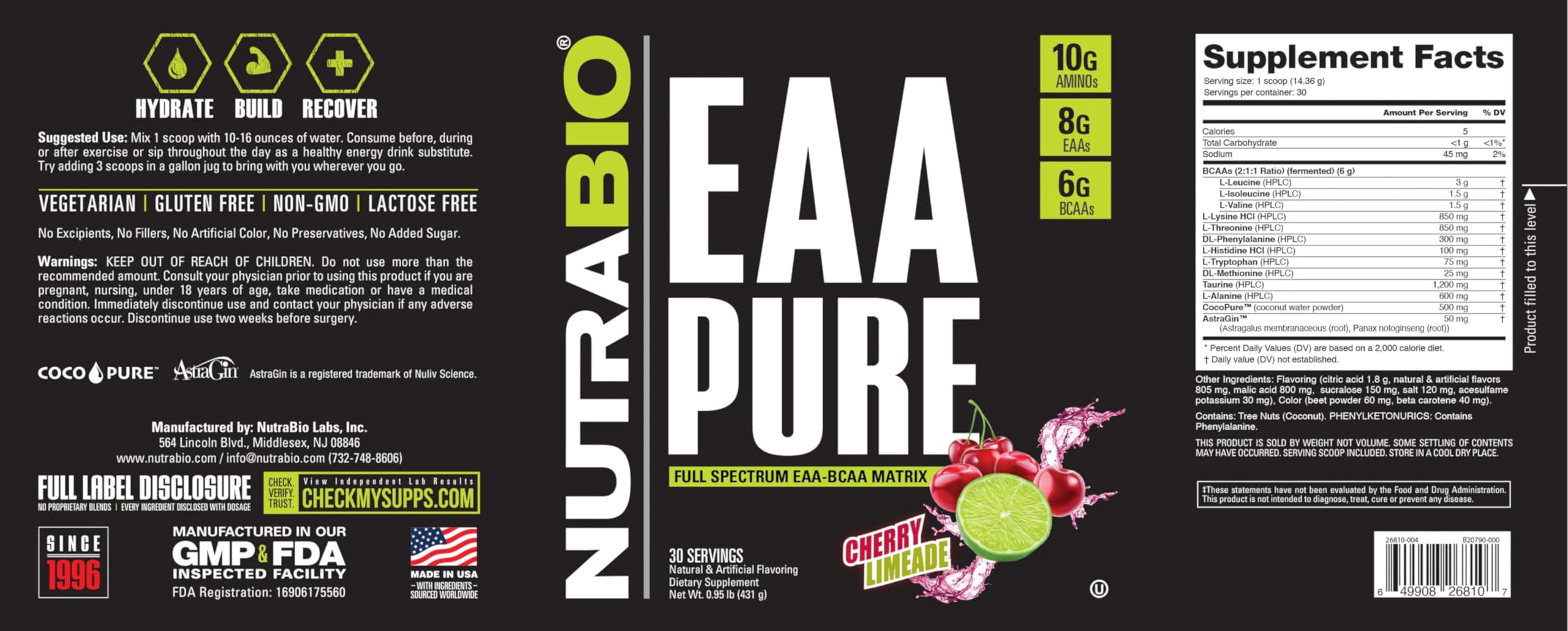 Ingredients label for NutraBio EAA Pure