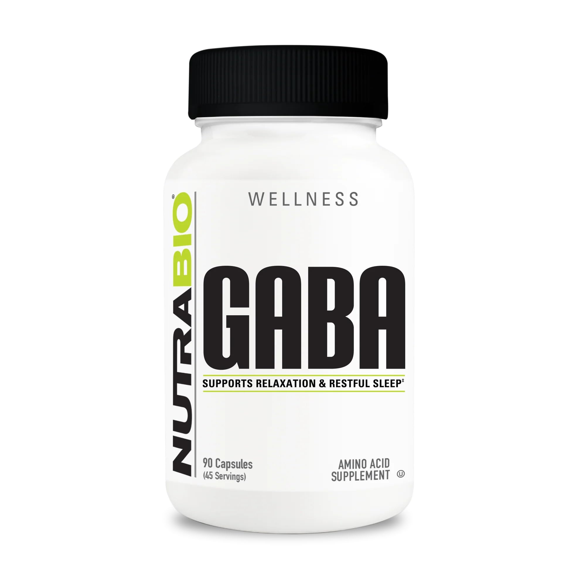 NutraBio GABA 500mg capsules bottle label on white background