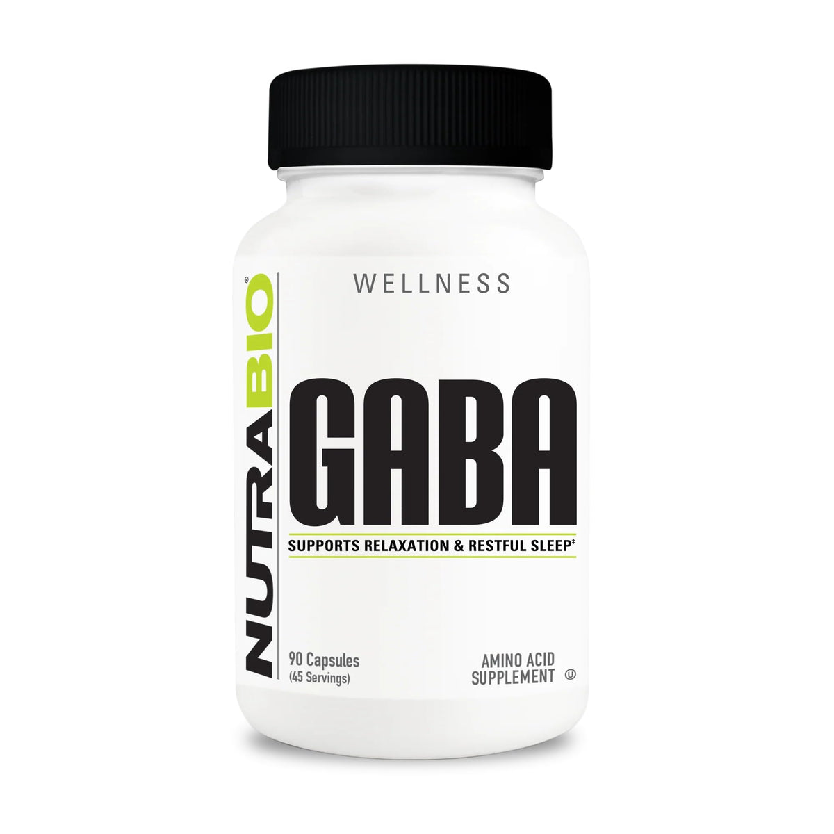 NutraBio GABA 500mg capsules bottle label on white background