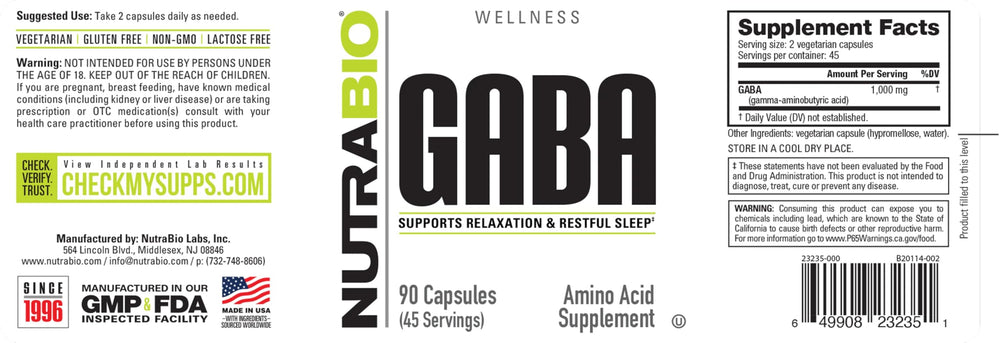 GABA supplement bottle with NutraBio label and clear capsule view