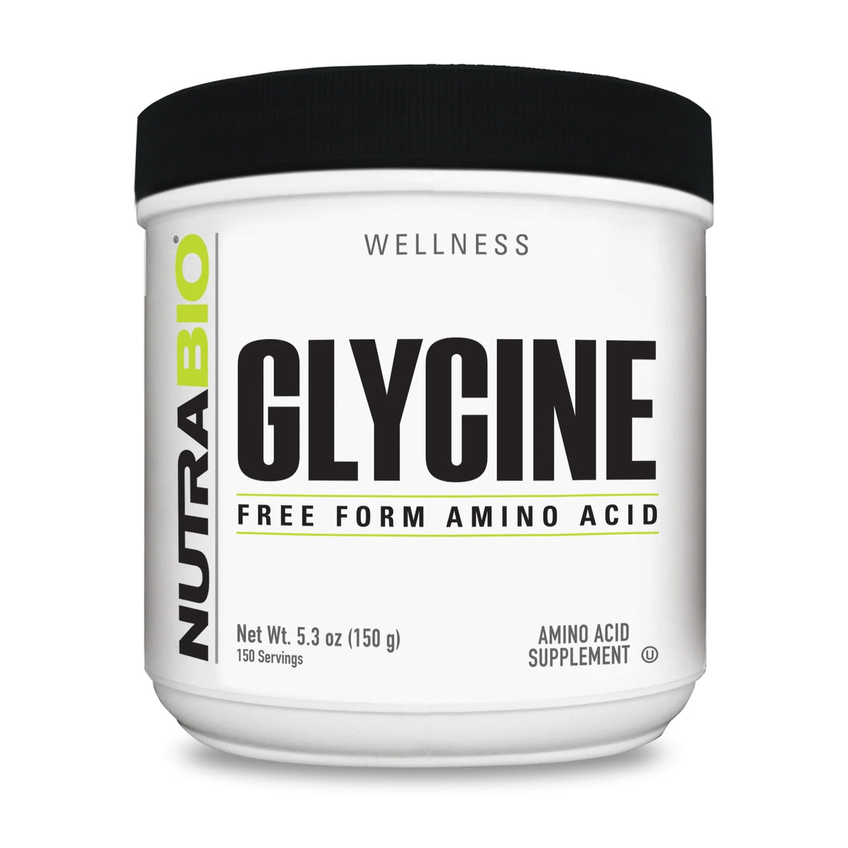NutraBio glycine powder bottle front for convenient daily use