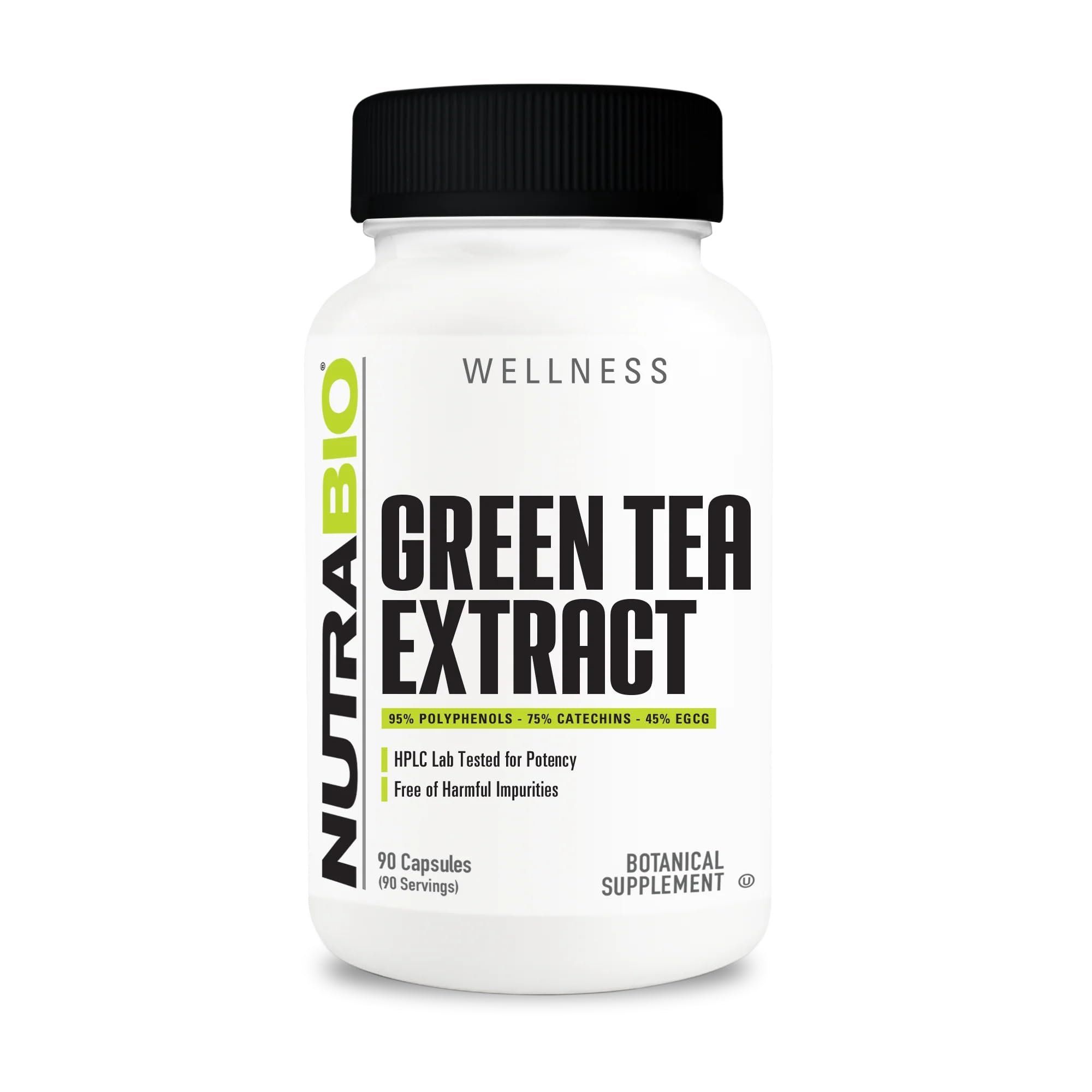 NutraBio Green Tea Extract bottle label showing 500mg and 90 capsules