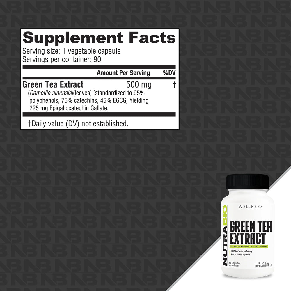 Close-up of NutraBio Green Tea Extract capsules