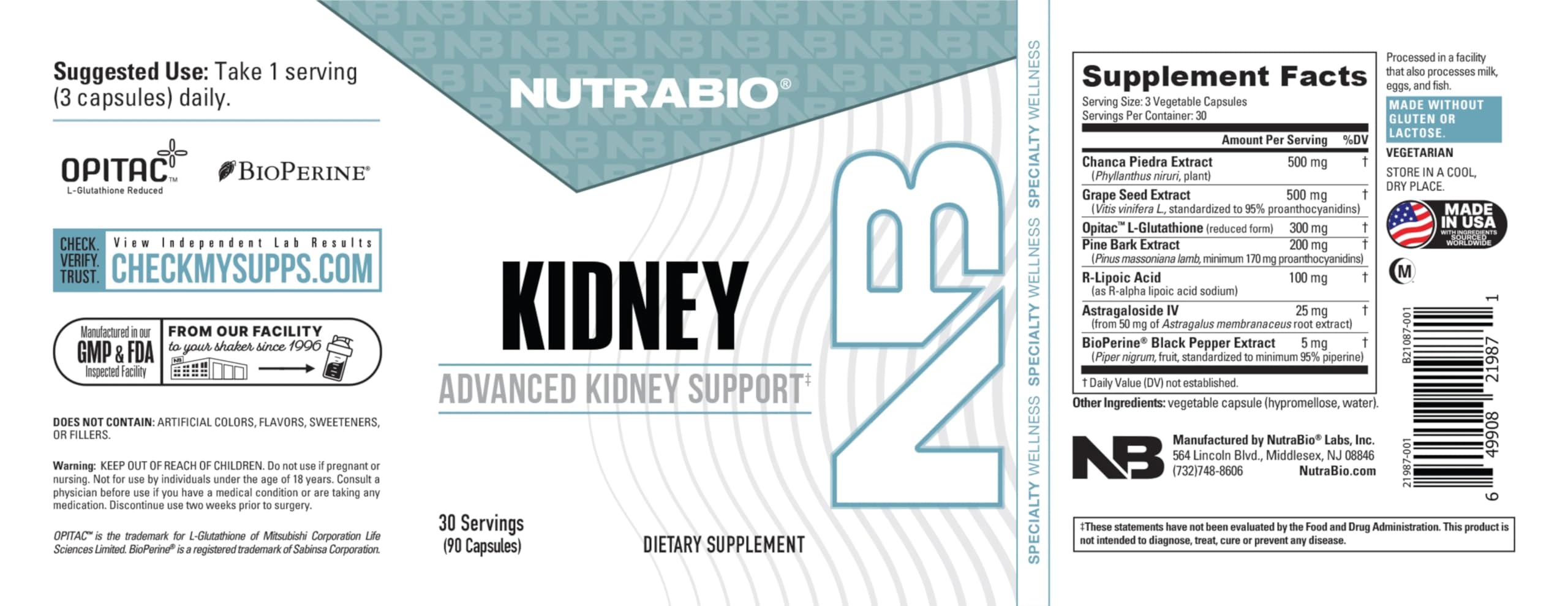 NutraBio Kidney Support bottle packaging containing 90 capsules