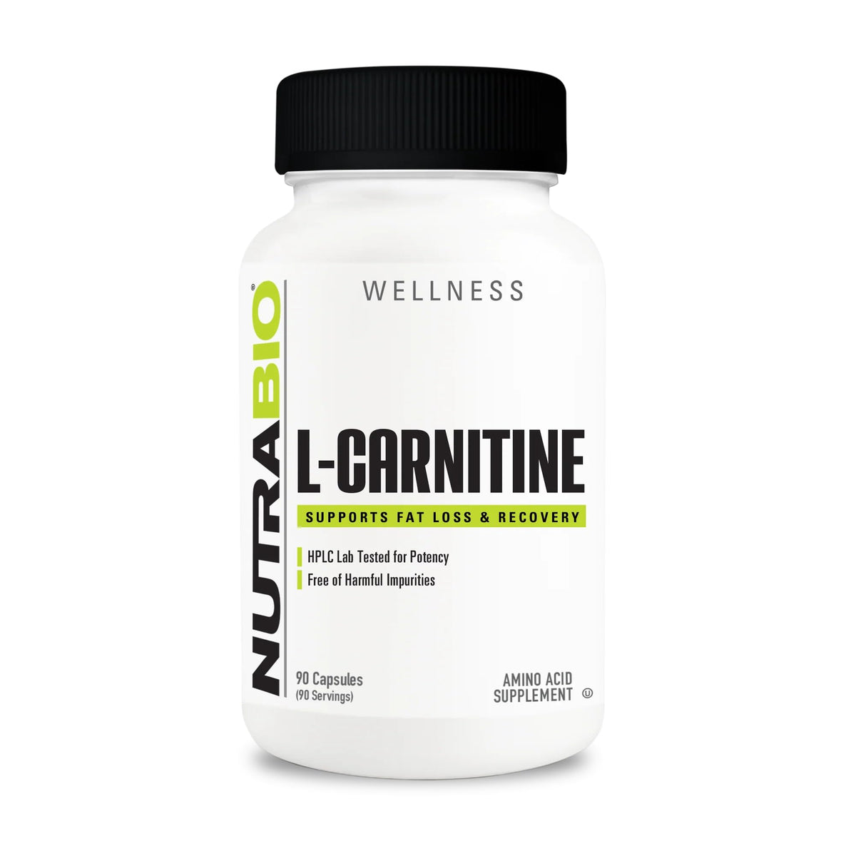 NutraBio L-Carnitine capsules bottle highlights a pure formula for energy and fat metabolism.