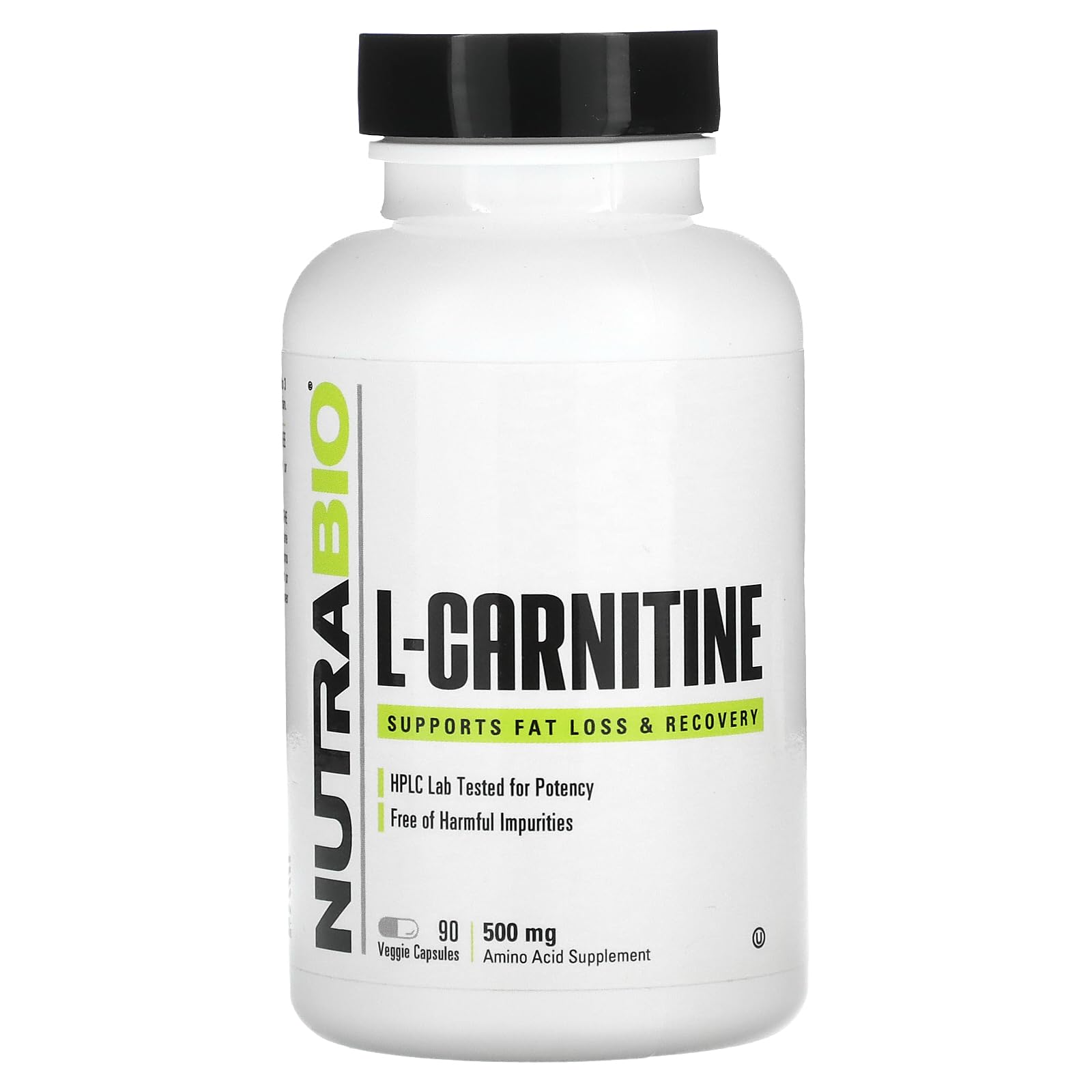 NutraBio L-Carnitine capsules bottle highlights a pure formula for energy and fat metabolism.