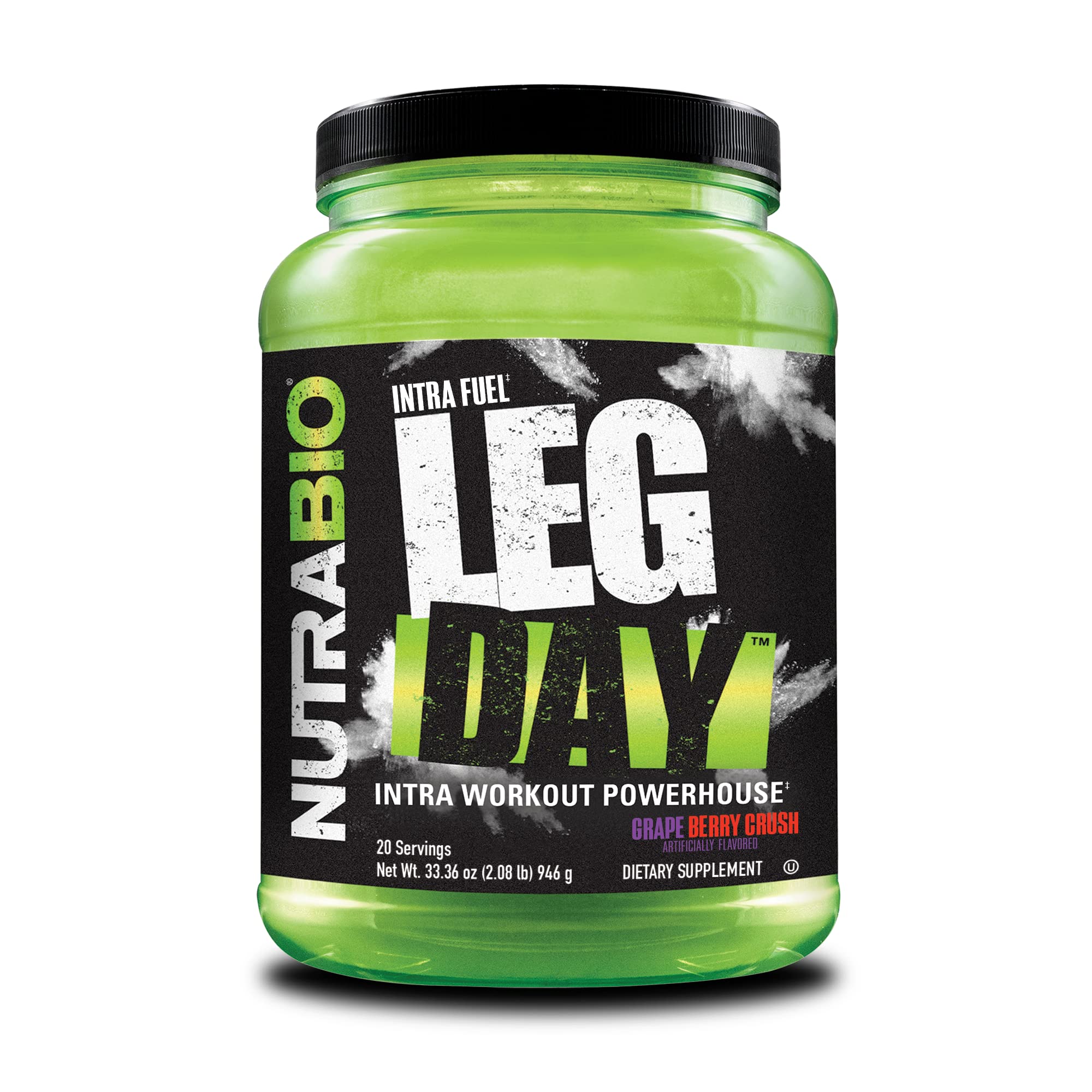 NutraBio Leg Day Intra bottle showcases advanced carb powder for endurance.