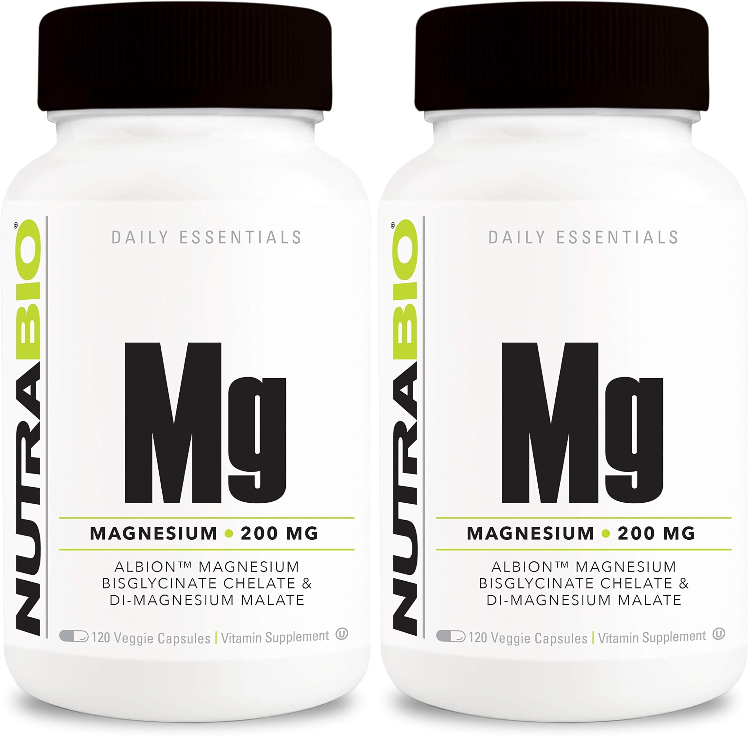 NutraBio Magnesium supplement two-pack bottle with 120 vegetarian capsules per bottle