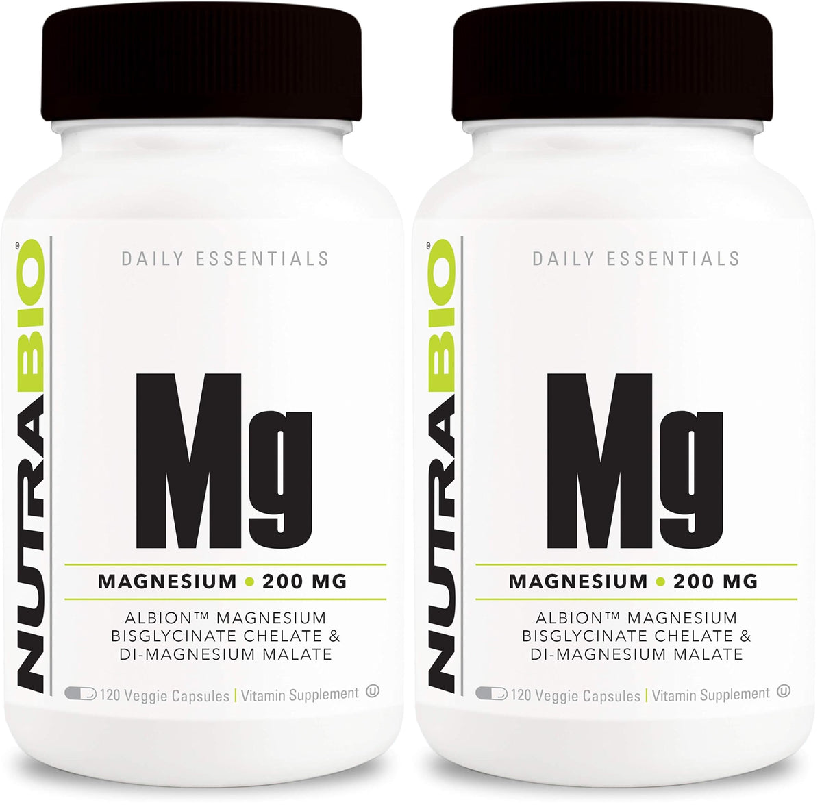 NutraBio Magnesium supplement two-pack bottle with 120 vegetarian capsules per bottle