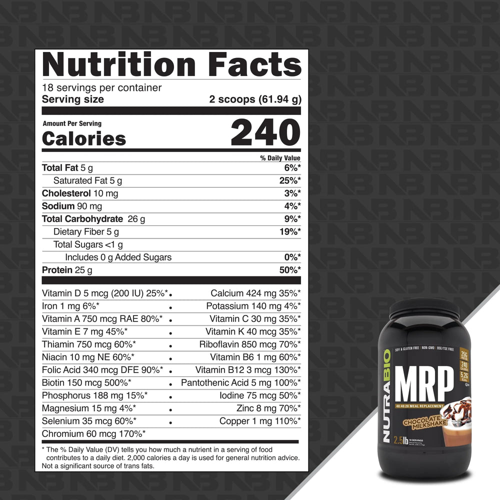 NutraBio MRP chocolate-scoop highlights convenient protein source for quick shakes.