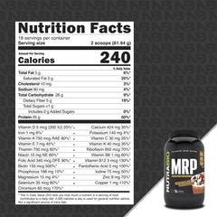 NutraBio MRP chocolate-scoop highlights convenient protein source for quick shakes.