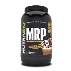NutraBio MRP chocolate-tub-front shows a premium meal replacement option for busy days.